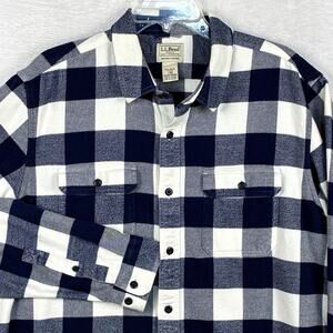 VTG LL Bean Flannel Shirt Men L Navy White Buffalo Plaid Heavyweight Lumberjack